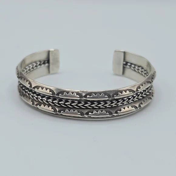 VTG Solid Sterling Silver Southwestern Stamped Cuff Bracelet Twisted Cable, 27g - Picture 1 of 13